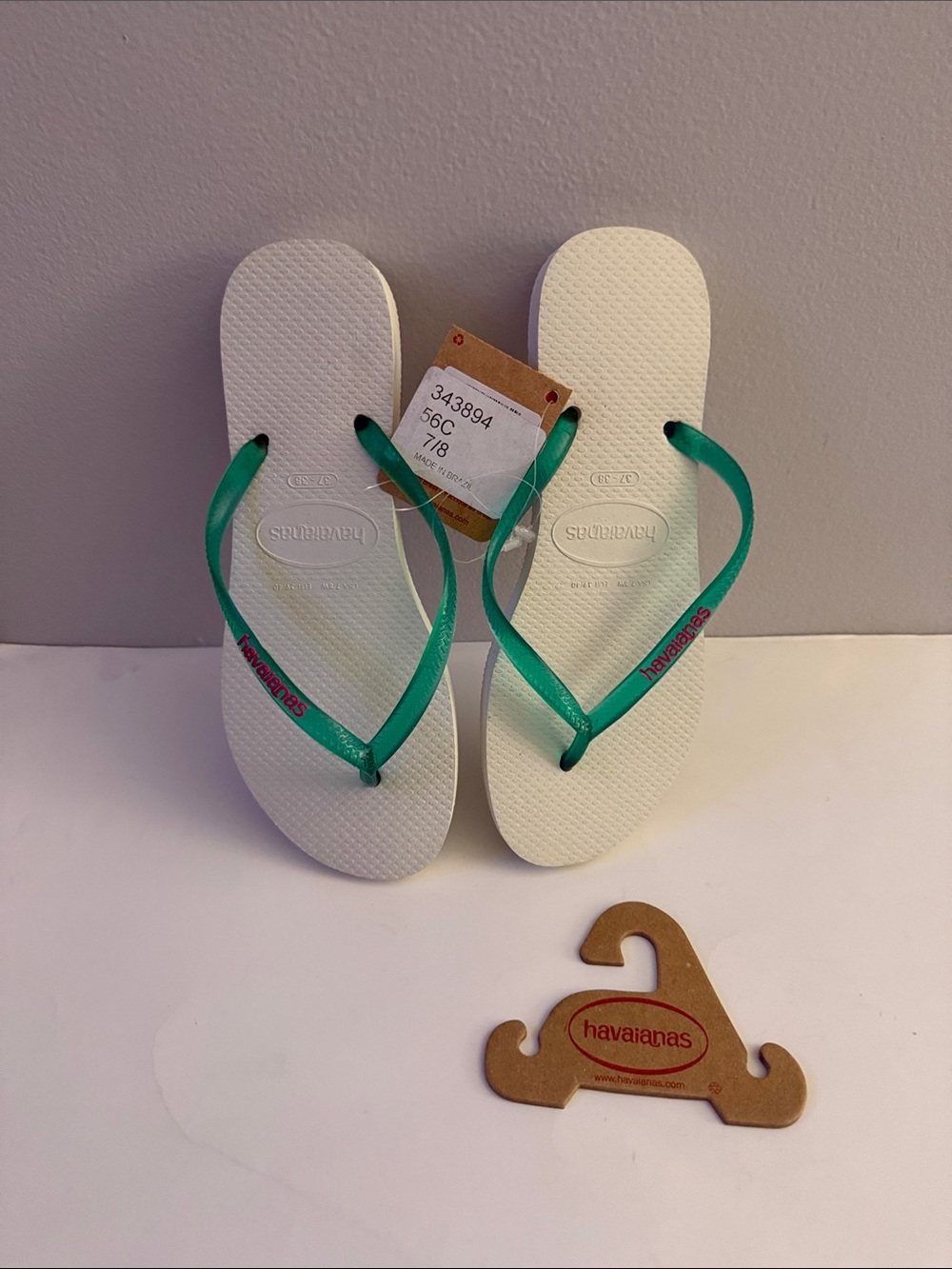 Havaianas White Flip Flops with Green Straps